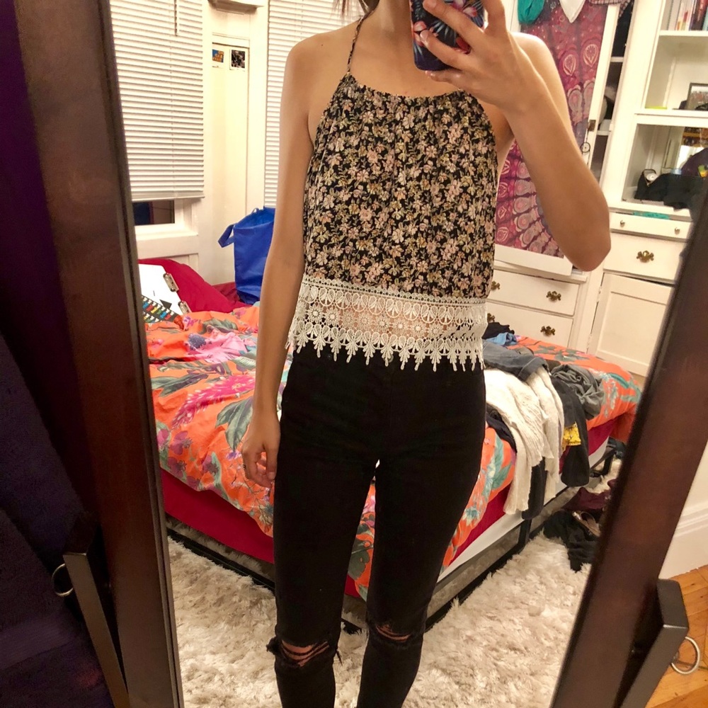 Floral halter top with white Lacey edge